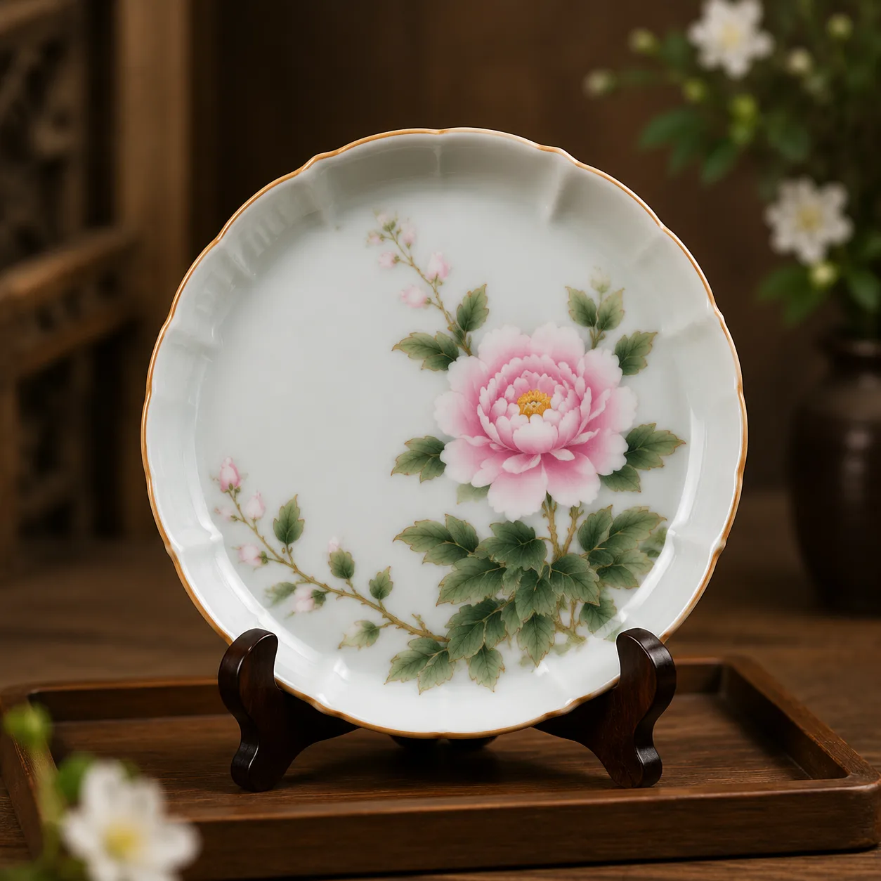 Hand-Painted Famille Rose Peony Plate